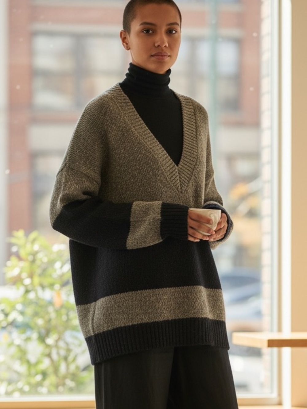 2PC FRENCH CONNECTION COLOR BLOCK WOOL & LINEN V-NECK SWEATER & TURTLENECK SZ S